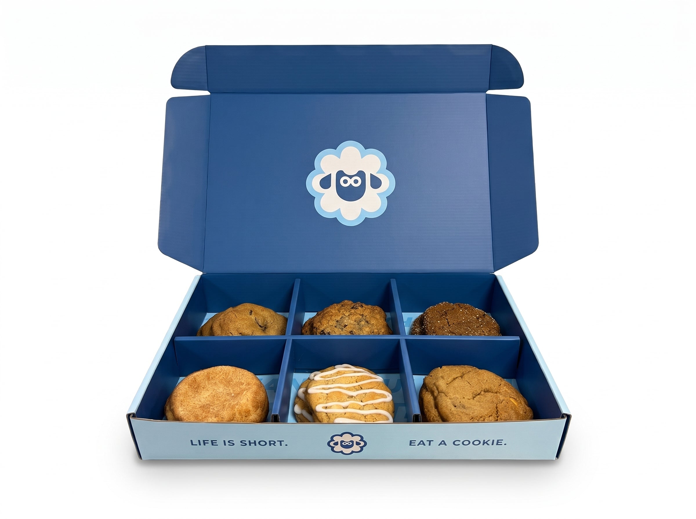 Open Frosted Sheep 6-pack shipping box filled with cookies